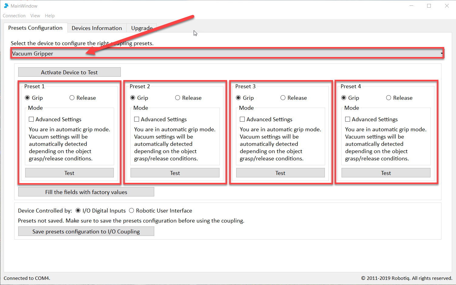 How to change the presets of the I/O Coupling? – Robotiq